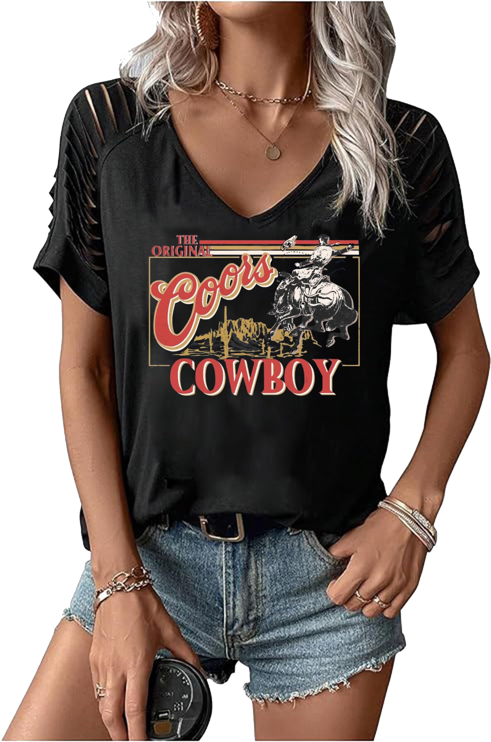 Cowboys Western Country Cut Out V Neck T Shirt
