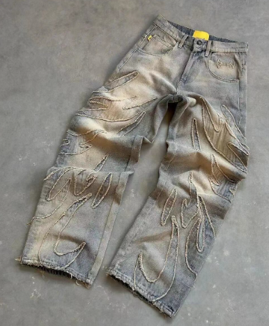 Retro Bat Embroidery Baggy Jeans