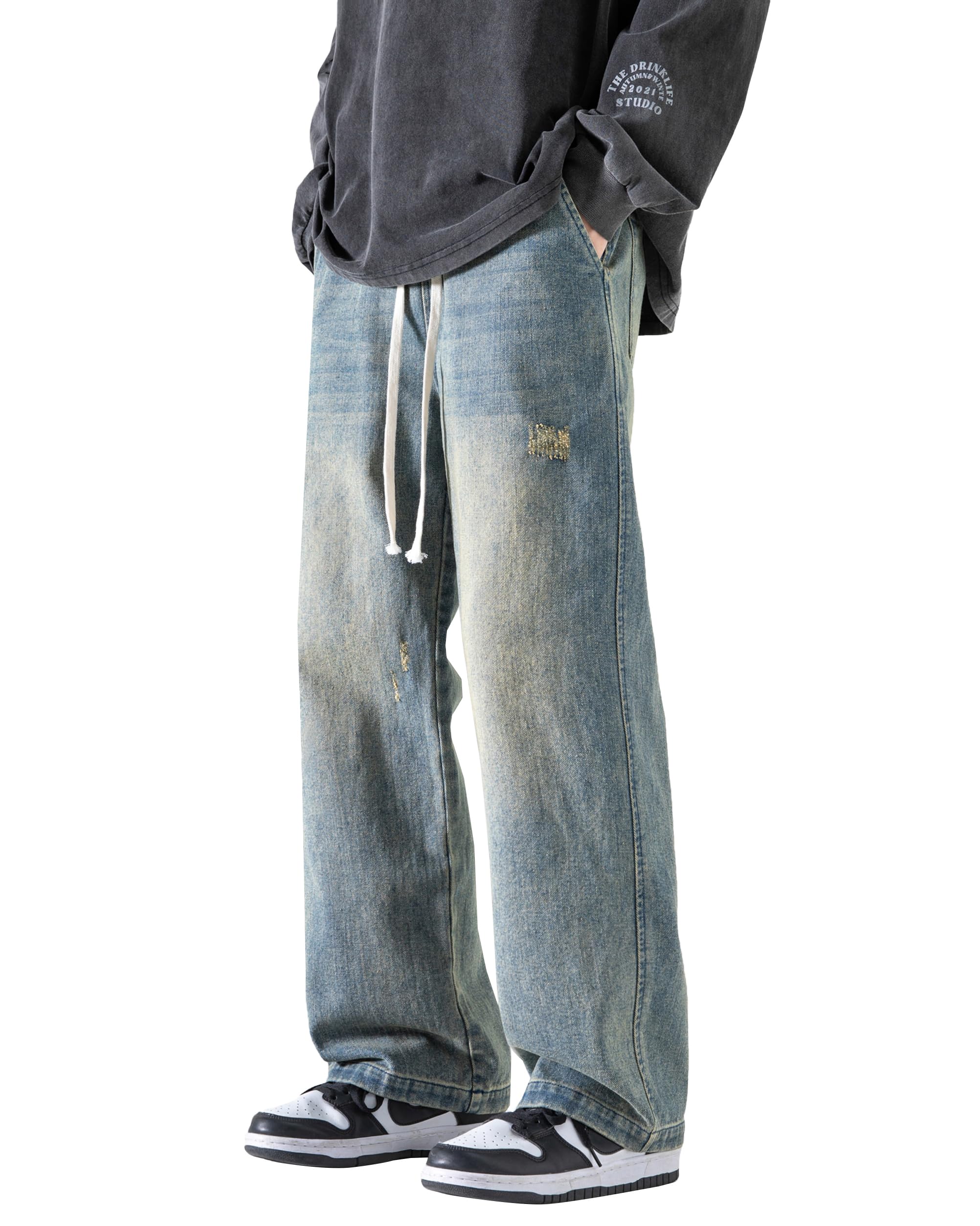 PRIJOUHE Mens Loose Jeans Elastic Waist Wide jeans